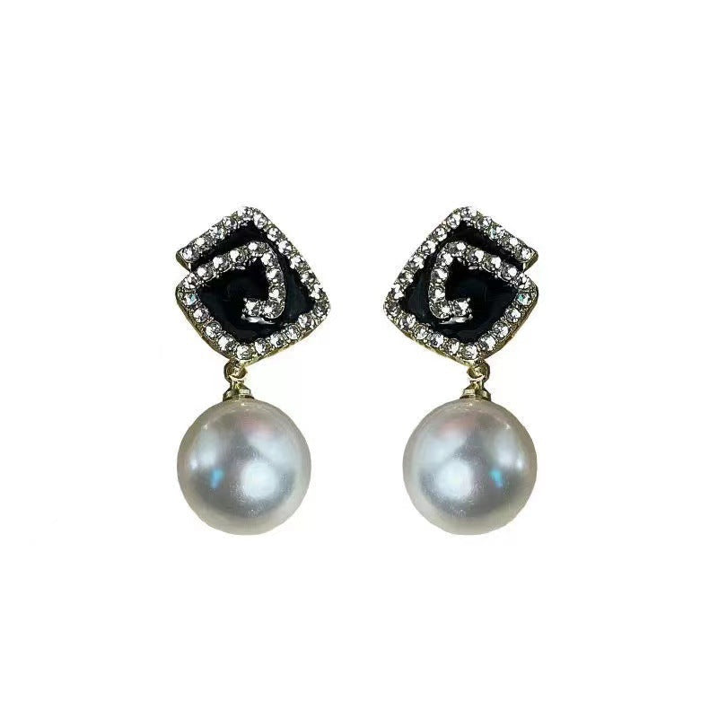 Geometric Square Black Enamel Pearl Earrings