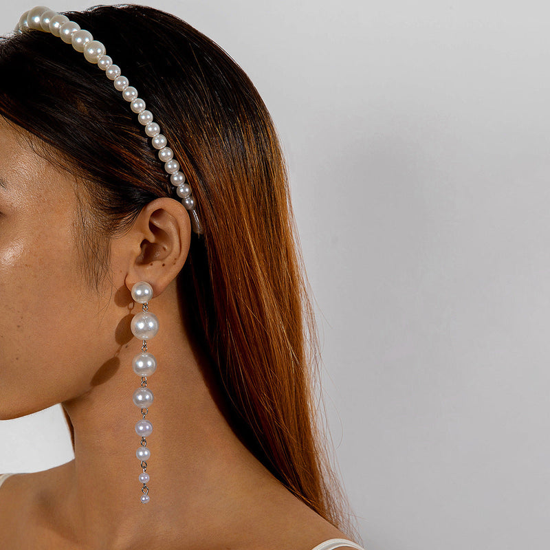 Pearl Headband Faux Pearls Beads Bridal Hair Hoop Earring Set