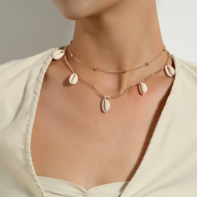 Sea Shell Pendant Bead Chain Choker Necklace