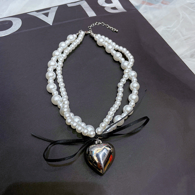 Black Ribbon Bowknot Heart Pendant Necklace