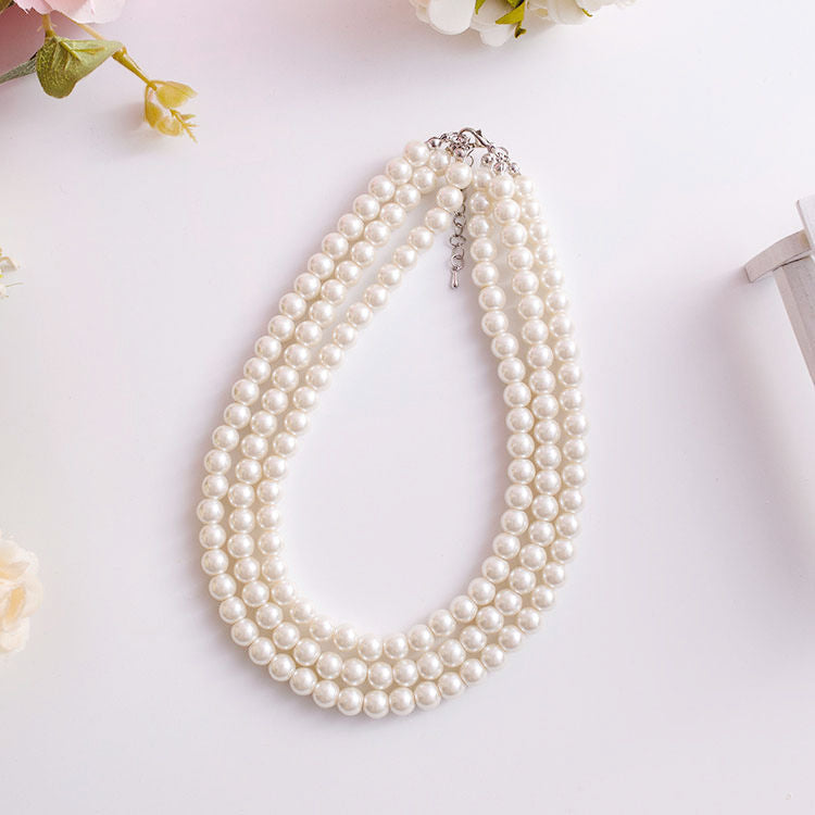 White Pearl Layered Necklace Multi Strand Beaded Pearl Necklace