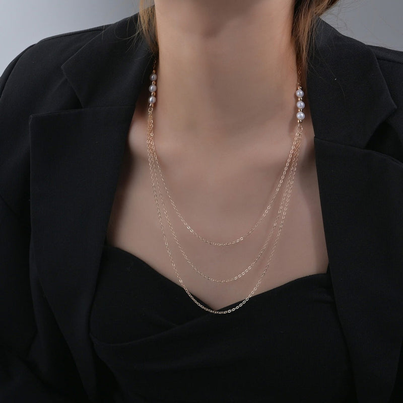 Dainty Multi Layer Chain Baroque Pearl Necklace