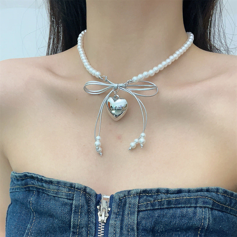 Heart Pendant White Imitation Pearl Bow Ribbon Choker Necklace for Women
