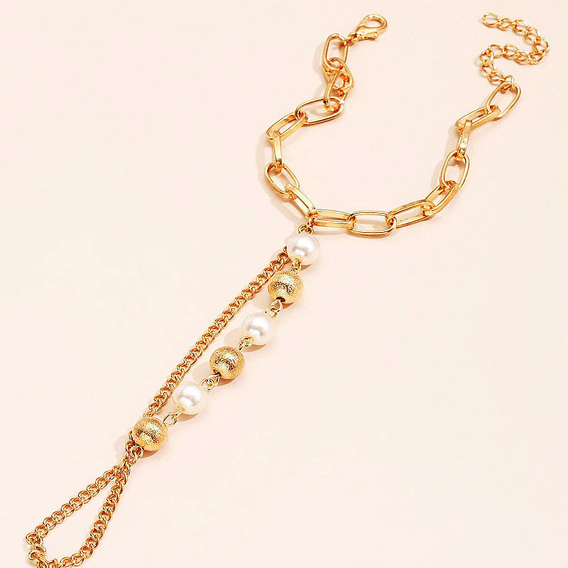 Bohemian Cuban Link Chain Imitation Pearl Beads Finger Ring Bracelet