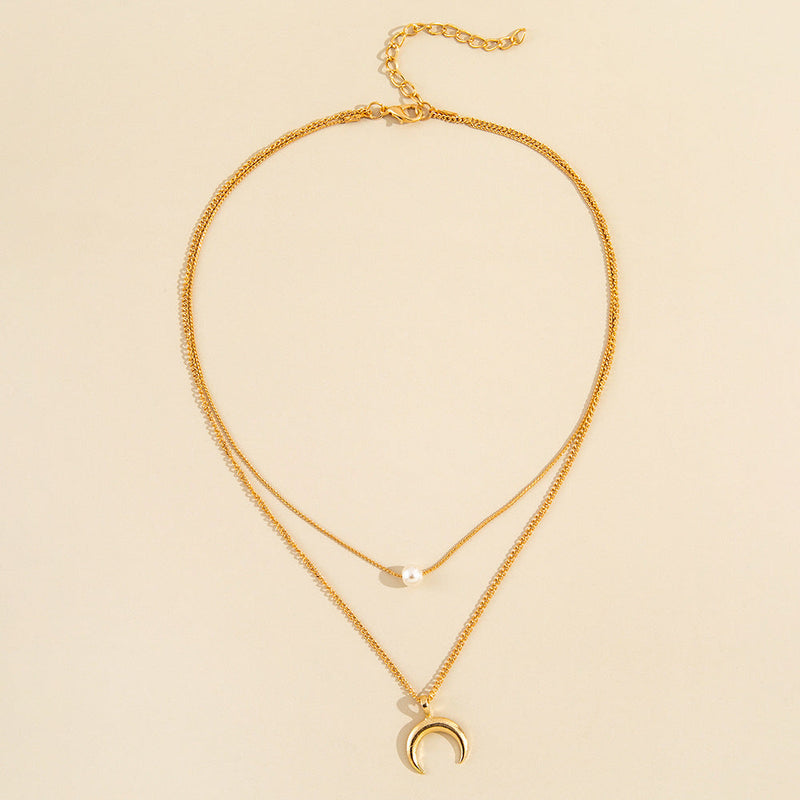 Double Layer Crescent Pearl Pendant Necklace