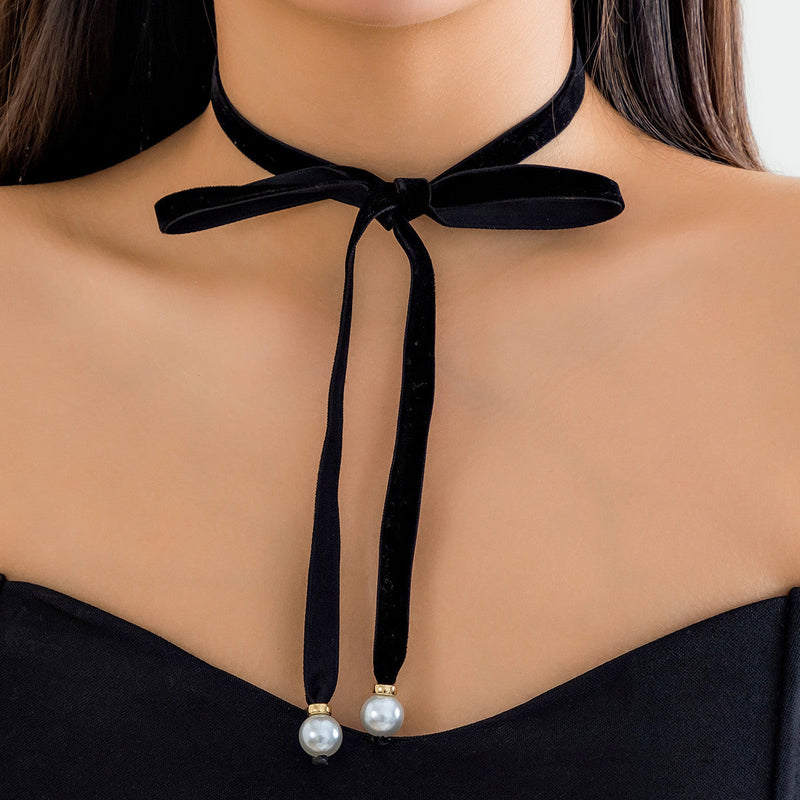 Velvet Pearl Bow Ribbon Choker Simple Long Lace up Choker Necklaces