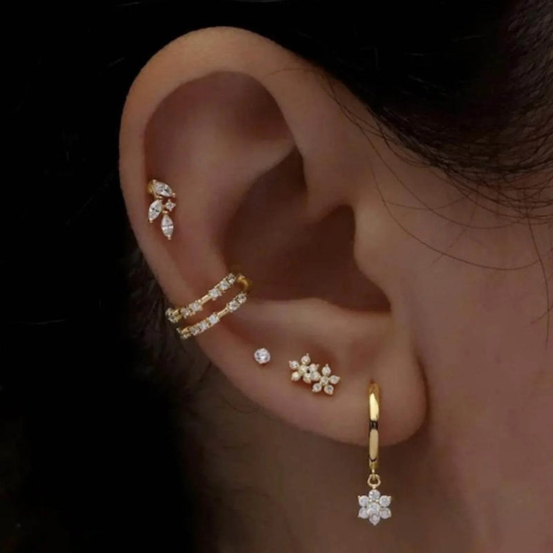 Stacking 5 Pieces Floral & Geometric Zirconia Earring Set, 18k Gold Plated Studs, Drops & Hoops,  S925 Needle, Stacked Lobe Designs with Dazzling Zirconia
