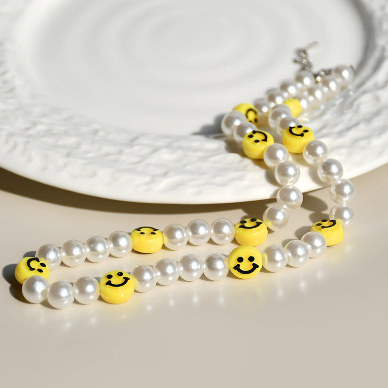 Pearl Beaded Smile Face Bead Choker Necklace for Women