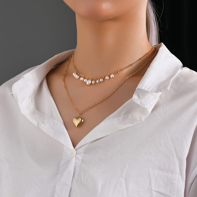 Pearl Layered Heart Pendant Necklace