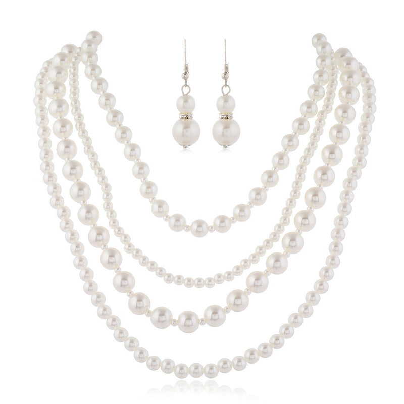 Multi Layers Long Pearl Necklace Earrings Set for Women