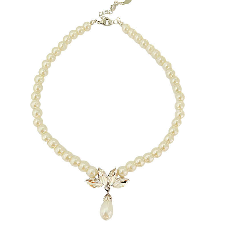 Crystal Stone Petal Pearl Pendant Necklace