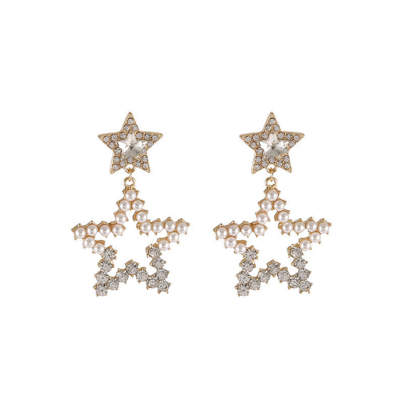 Hollow Pearl Double Star Earrings