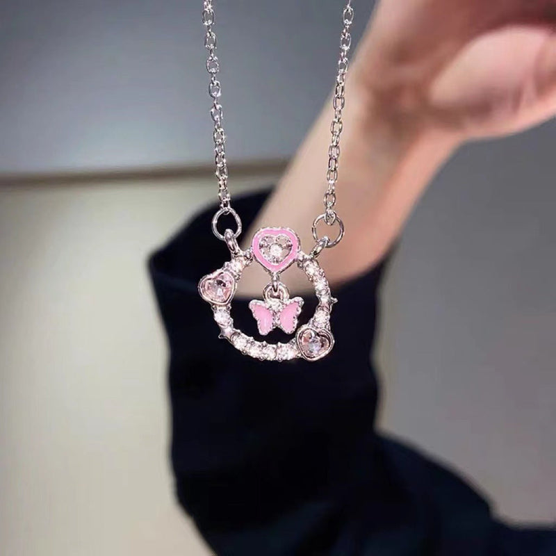 Hollowed Crystal Pink Butterfly Necklaces for Women