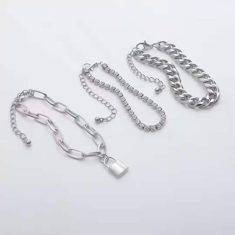Layered Cuban Chain Bracelet Set Lock Charm