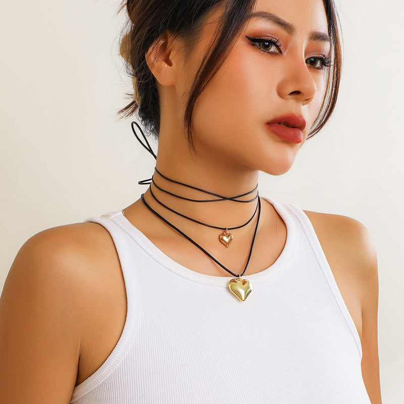 Heart Pendant Black Leather Wax Necklace