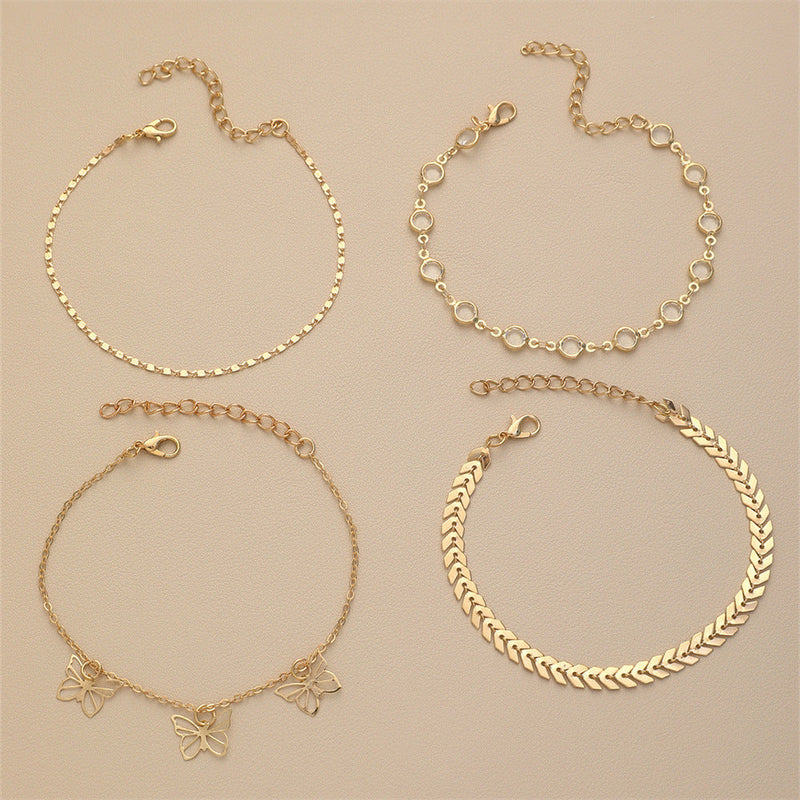 Rhinestone Butterfly Anklet Set Multi Layer Women Summer Beach Anklet Jewelry