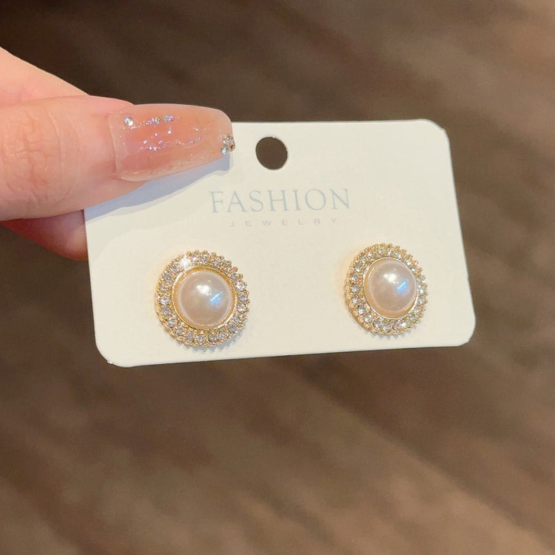 Elegant Round Rhinestone Pearl Stud Earrings