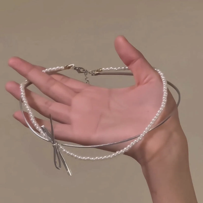 PU Leather Bow Clavicle Chain Choker Pearl Girl Necklace