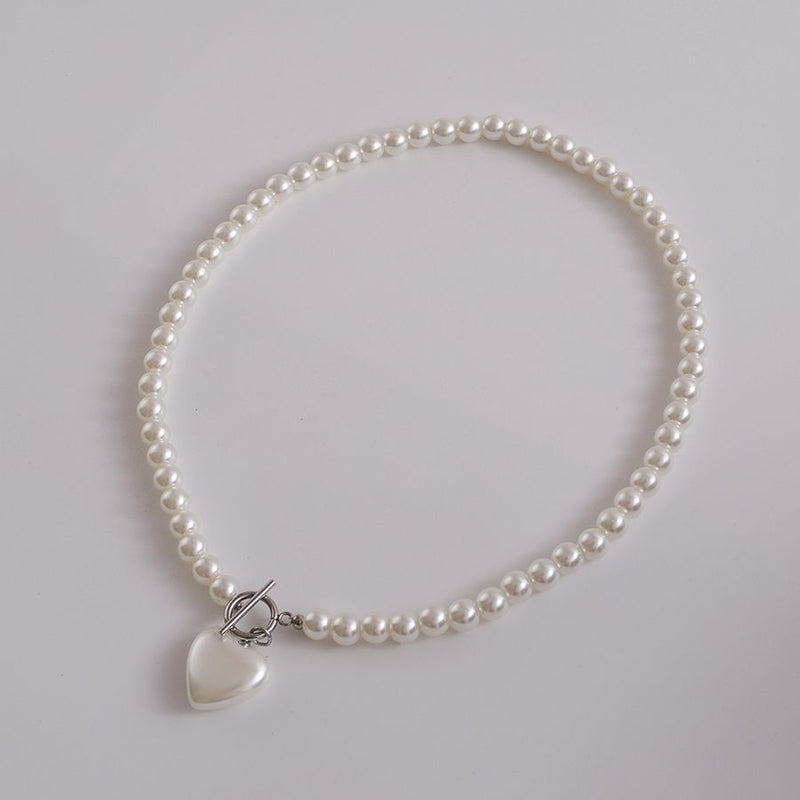 Glass Pearl Love Pendant Necklace with Clavicle Chain