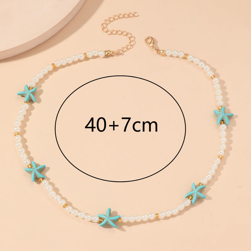 Boho Blue Starfish Pearl Chain Necklace