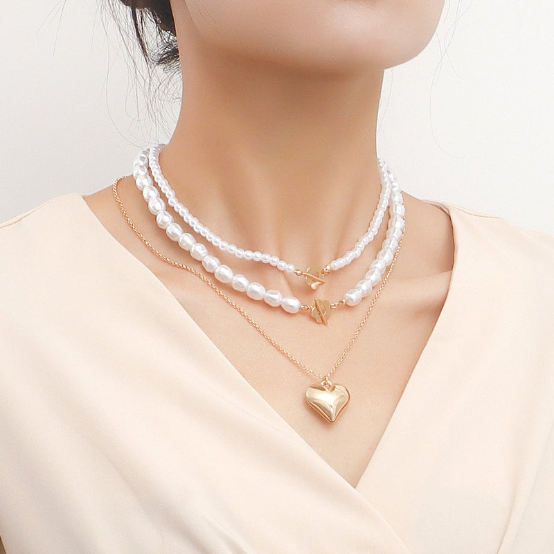 Multi-layer Pearl Necklace Exaggerated Double Layer Gold Heart Pendant Necklace