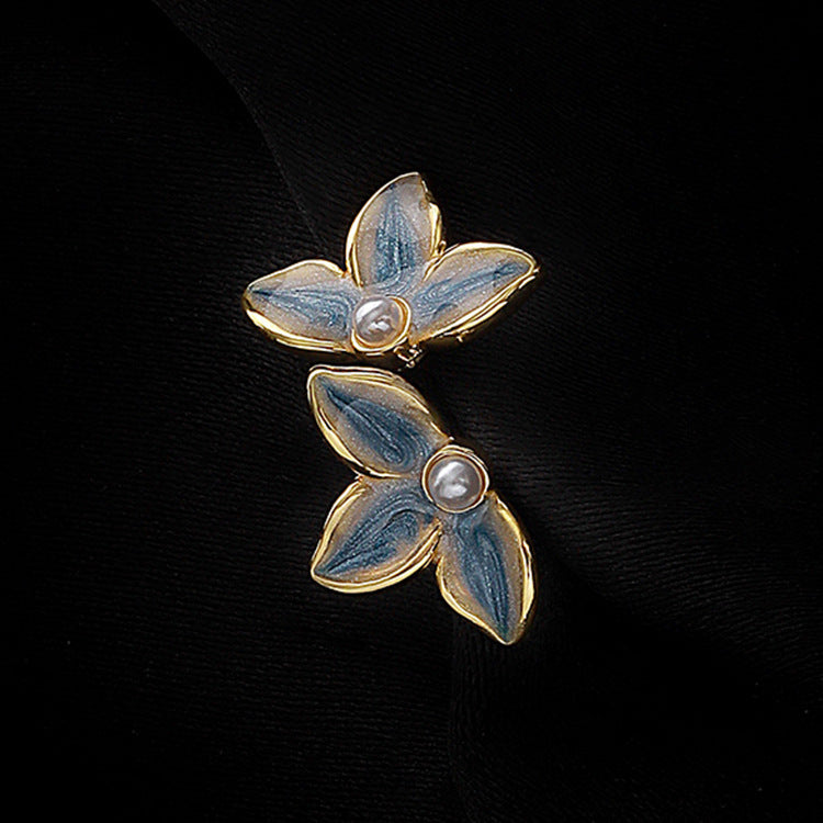 Elegant Blue Tone Enamel Daisy Faux Pearl Stud Earrings