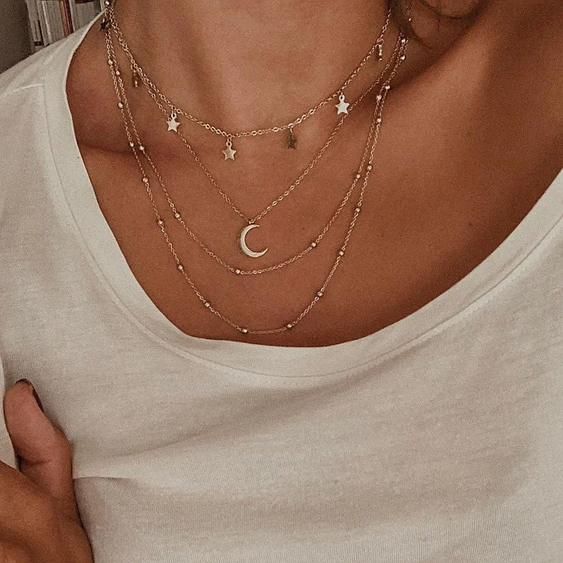 Three layer Chain Star Moon Pendant Necklace