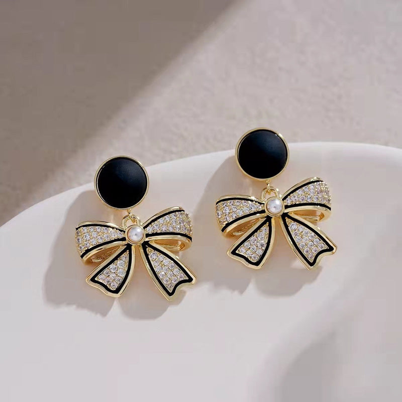 Sweet Black Bow Pearl Drop Stud Earrings