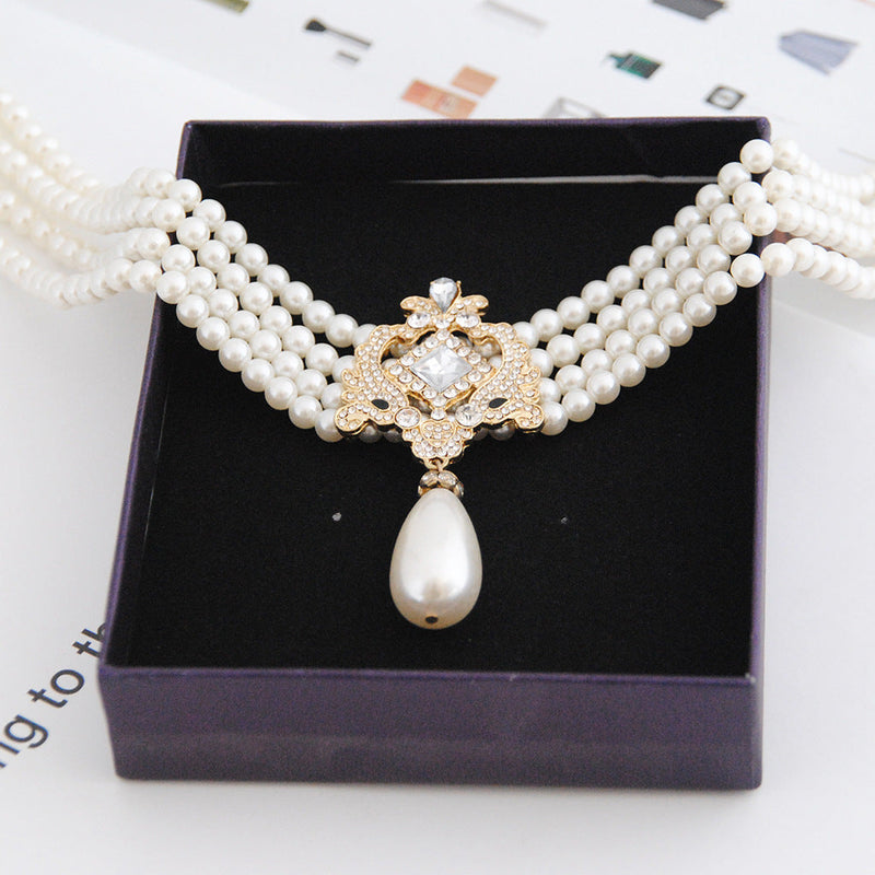 Multi-layered Pearl Necklace Exaggerated Rhinestone Sweet Bride Necklace