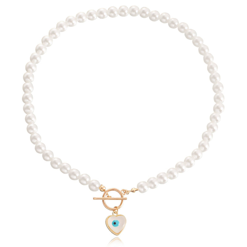 Pearl Beads Chain Necklace Blue Turquoise Heart Pendant Choker