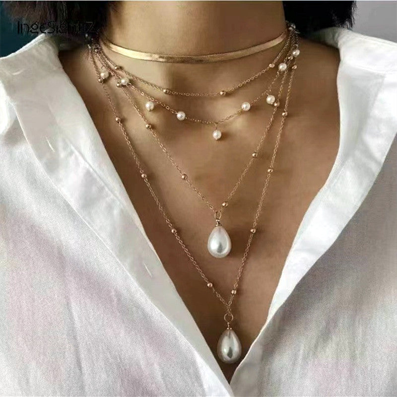 Women Multi-Layer Bead Pearl Choker Necklace