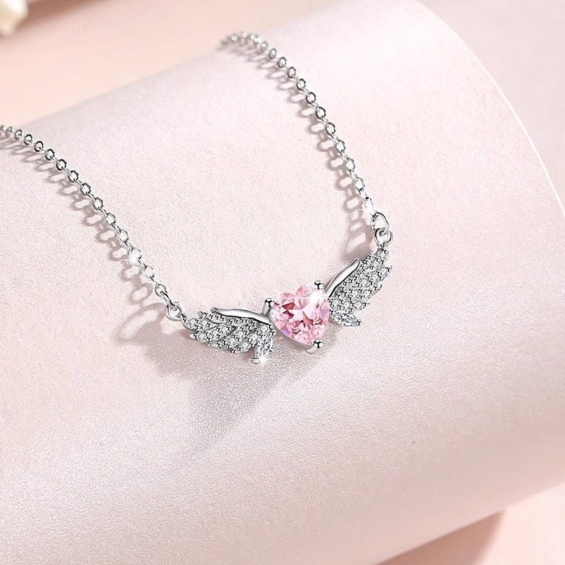 Pink Heart Angel Wings Necklace Bracelet