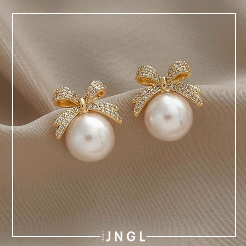 Fashion Bow Rhinestone Pearl Stud Earrings