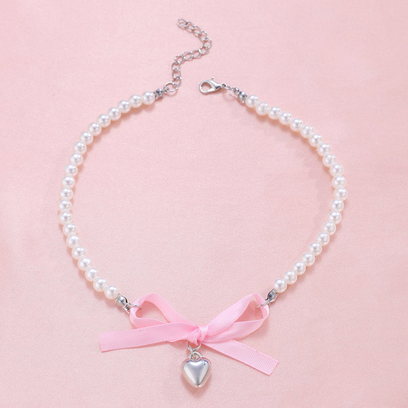 Romantic pink love Bow Pearl Necklace