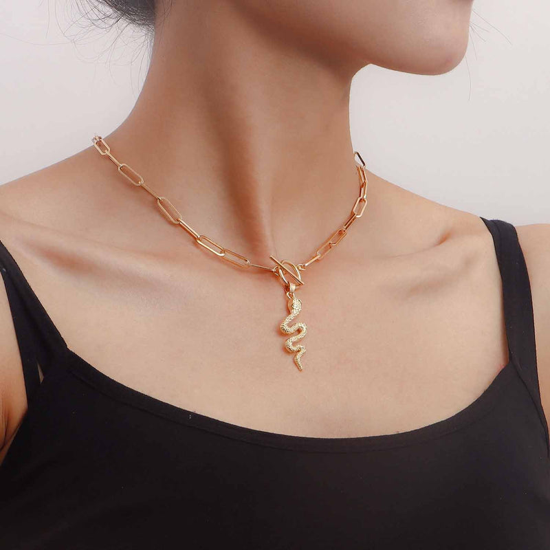 Snake Pendant Paperclip Link Chain Necklace
