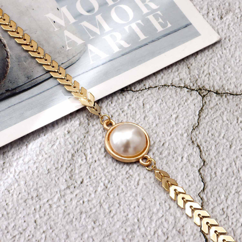Leaf Chain Pearl Charm Bracelet