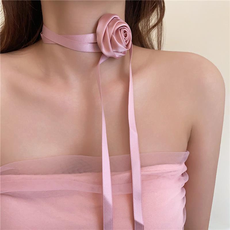 Flocked Fabric Rose Picker Collar Choker Necklace