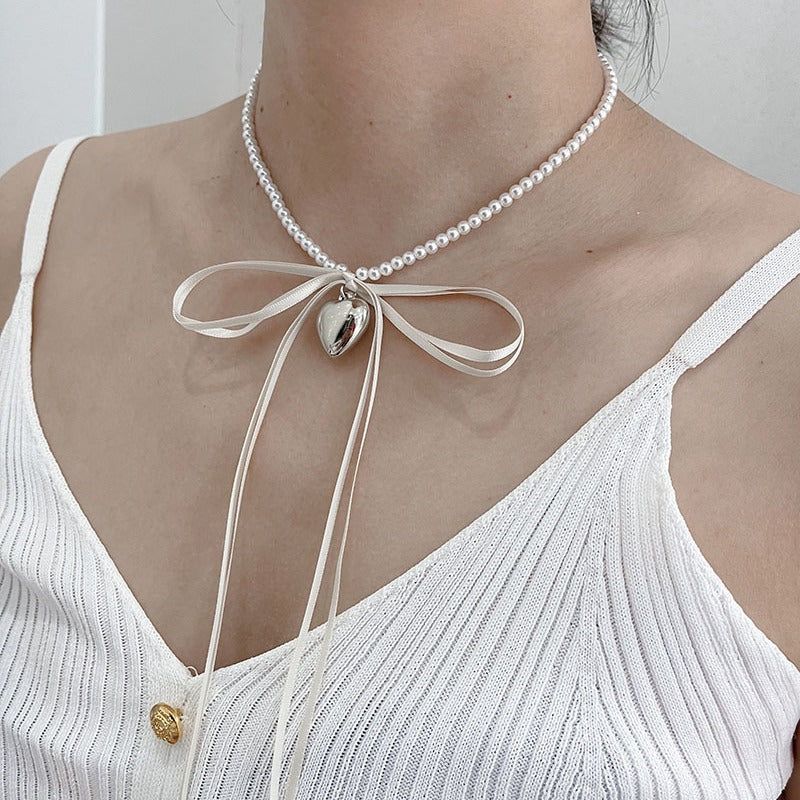 Ribbon Bow Silver Heart Pendant Pearl Choker