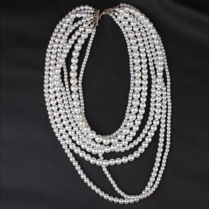 White Statement Pearl Bead Multi Layered Long Necklace Strand