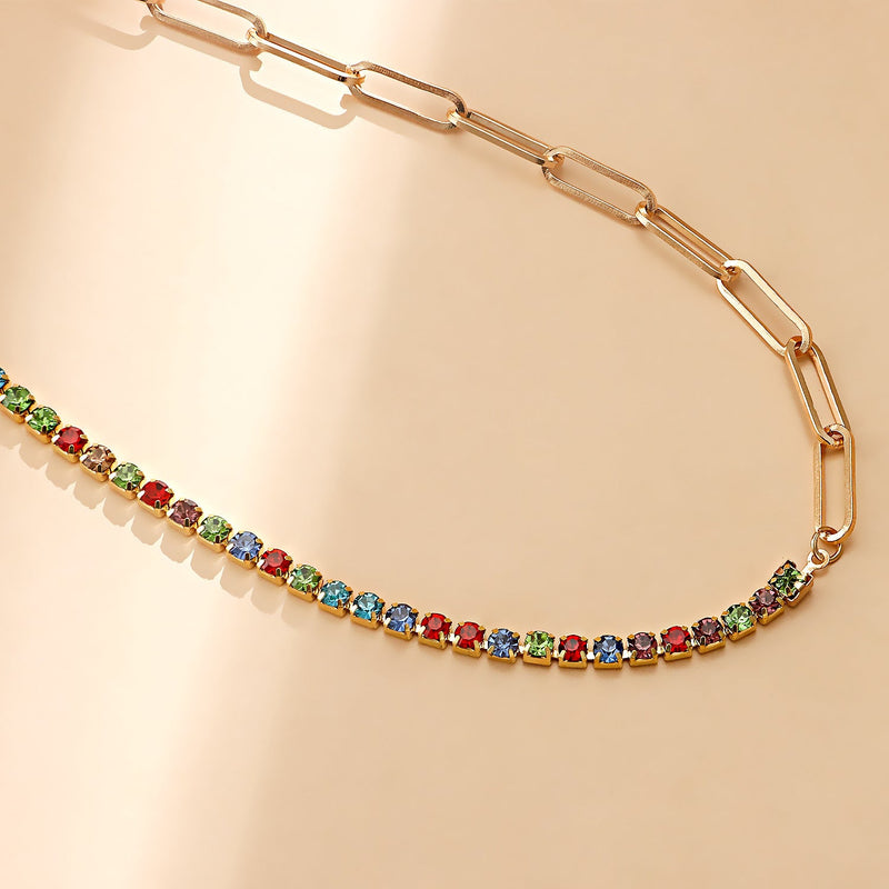 Paper Clip Chain with Colorful Zirconia Tennis Necklace