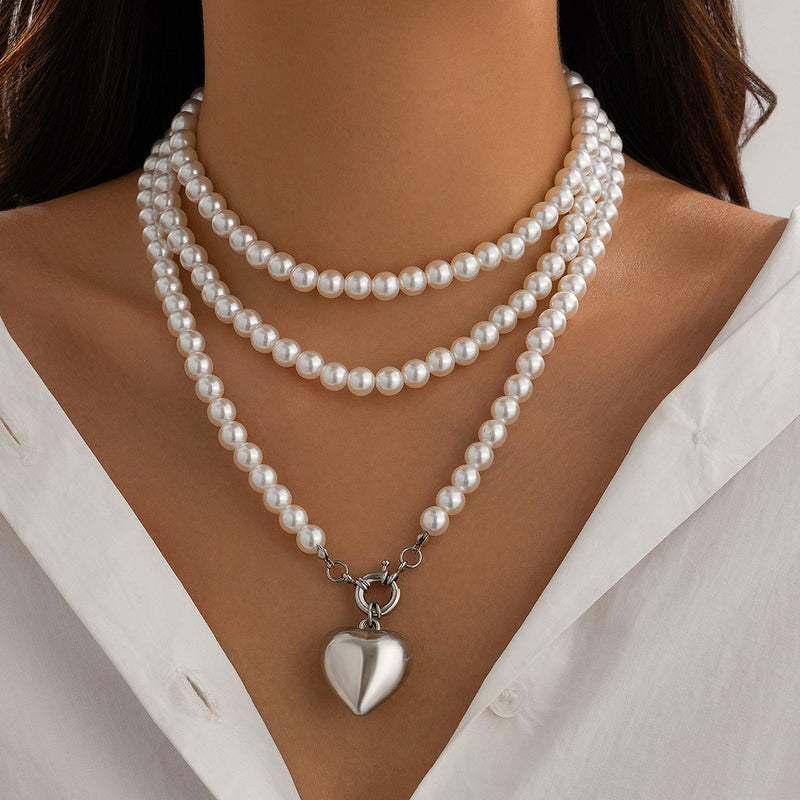Imitation Pearl Multilayer Choker Necklace for Women Elegant Heart Pendant Necklace