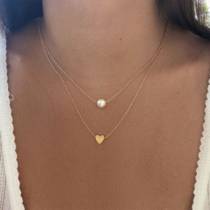 Sweet Double Layered Imitation Pearl Heart Pendant Necklace