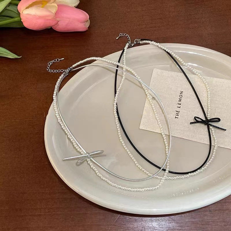 Leather Bowknot Collarbone Chain Choker Link Chain Necklace