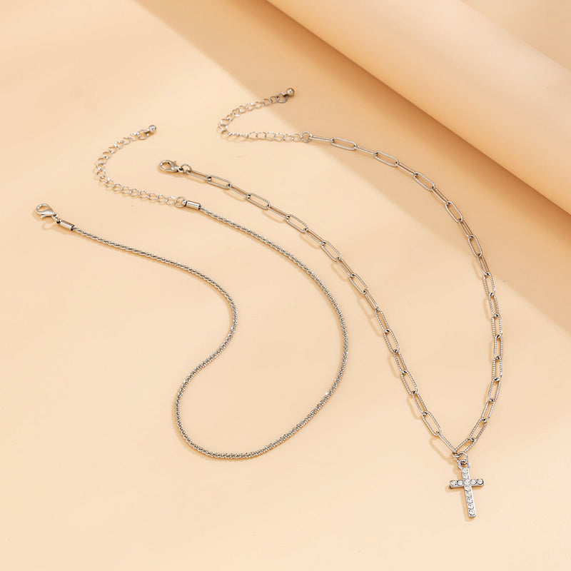 Retro Rhinestone Cross Pendant Multi-layer Chain Necklace Jewelry