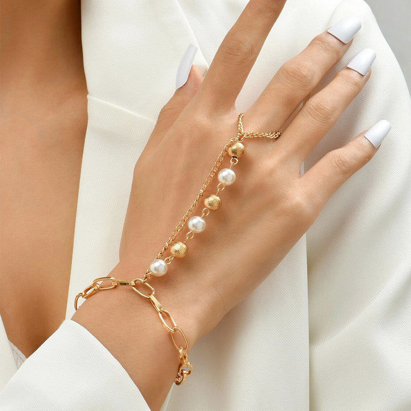Bohemian Cuban Link Chain Imitation Pearl Beads Finger Ring Bracelet