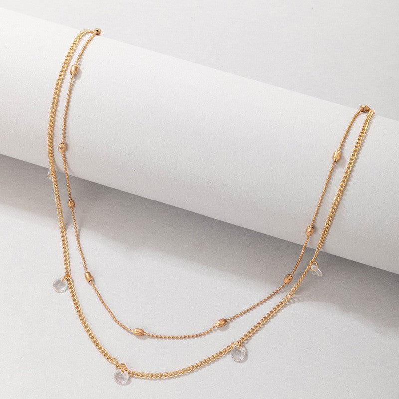 Double Layer Crystal Stone Tassel Necklace