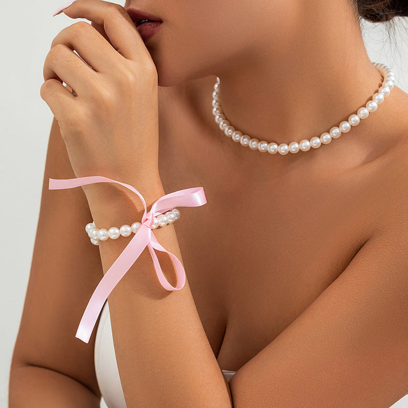 Lace up Velvet Long Pearl Necklace for Women