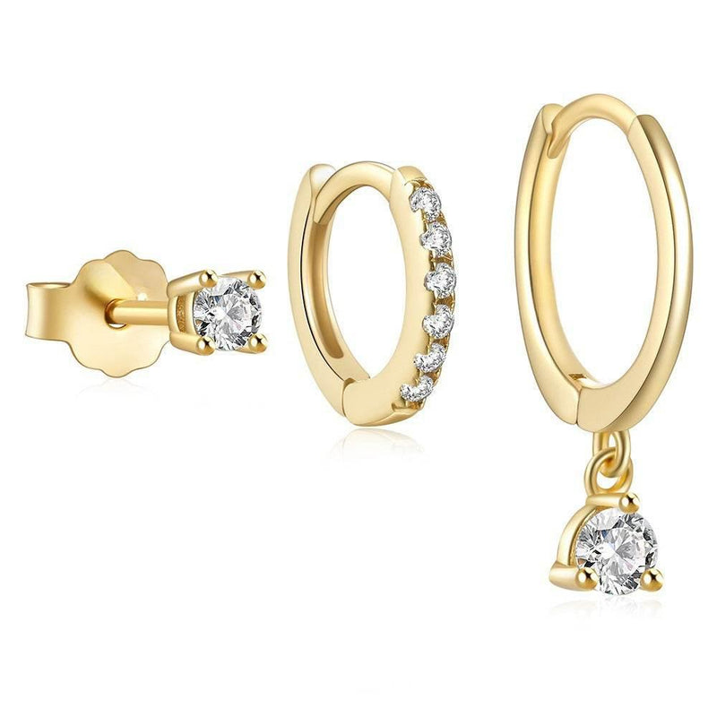 Stacking 3 Pieces Twinkle Charm LuxeHoop & Stud Earring Set with Zircon, 18k Gold Plated Ear Studs and Drops, Stacked Lobe Pretty Studs Cartilage Earrings