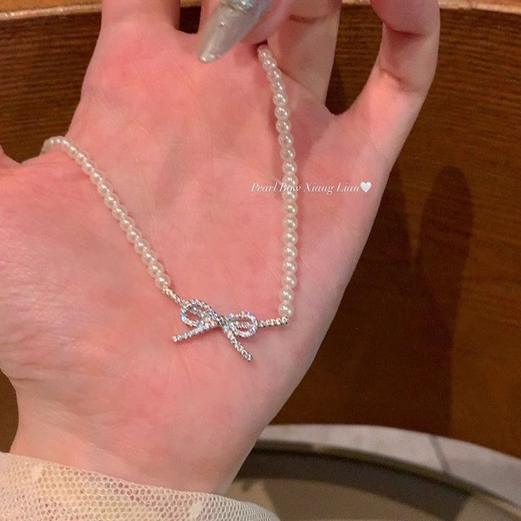 Pearl Chain Choker Necklace for Women Mini Bowknot