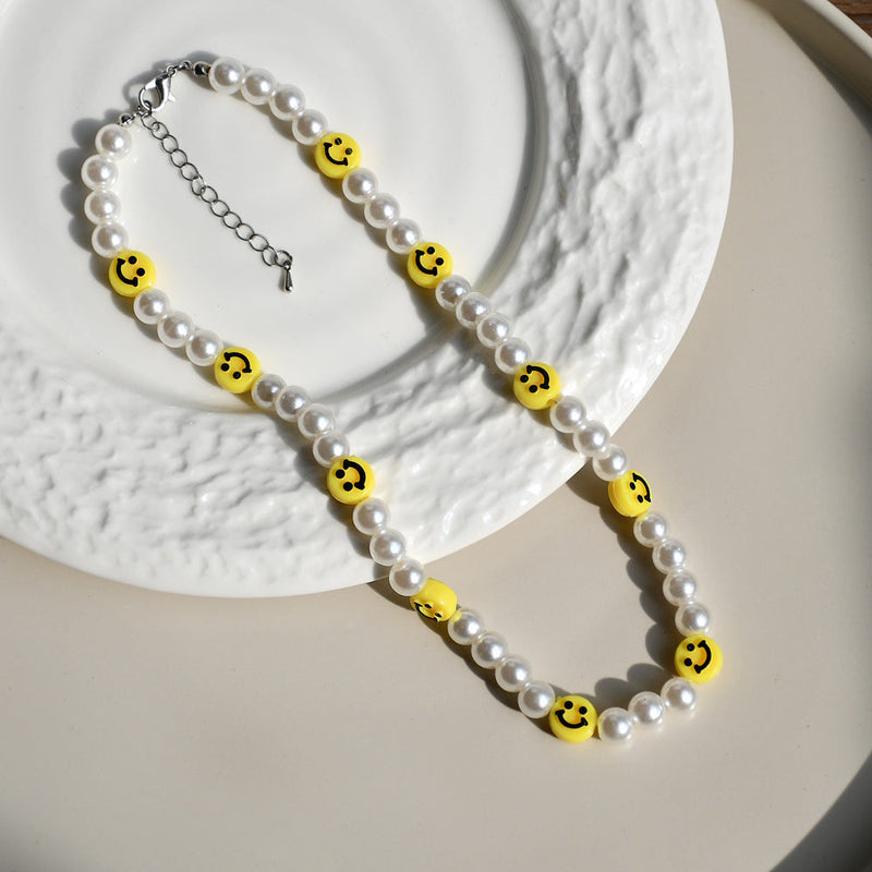Pearl Beaded Smile Face Bead Choker Necklace for Women